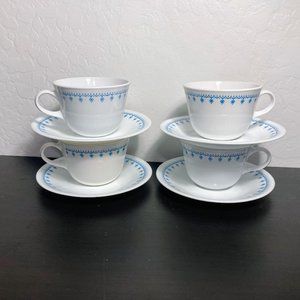 Corelle Snowflake Blue Cup and Saucer 4 Sets - Vintage